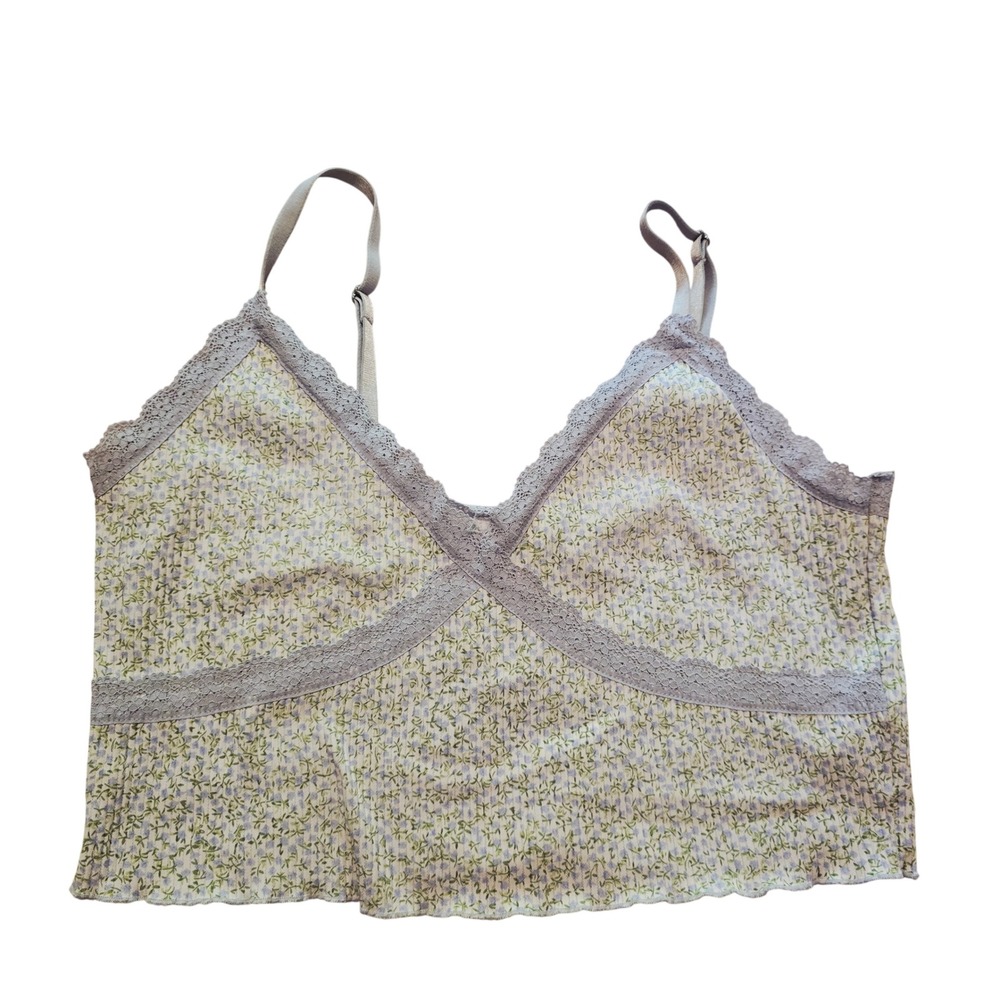 H&M Divided Juniors Floral Lace Trim Camisole Cropped Purple Green Ribbed Size L